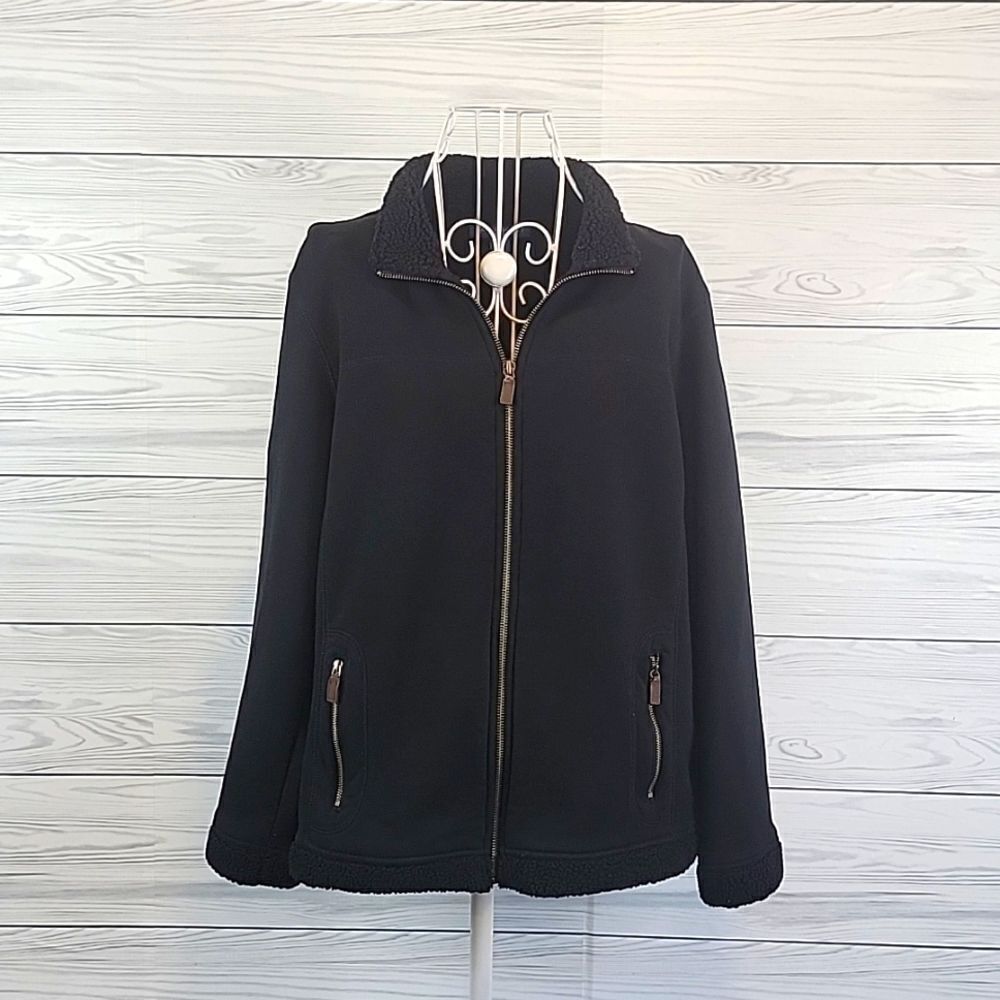 Karen Scott black sherpa fleece black zip front jacket Size M